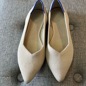 Rothy's Pointed Toe Flats in Beige with Blue Trim